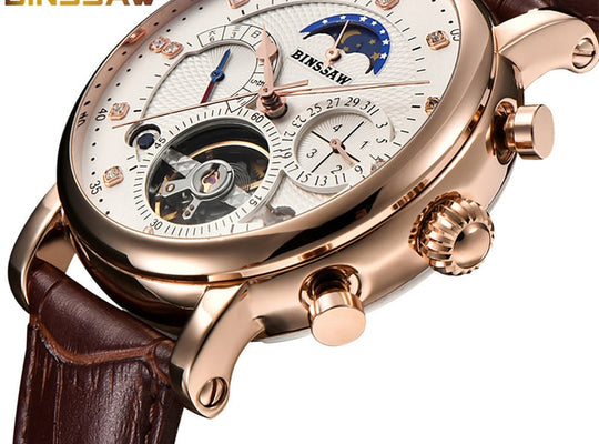 BINSSAW Mens Automatic Mechanical Watch Top Luxury Brand Fashion Tourbillon Genuine Leather Man Sports Watches relogio masculino