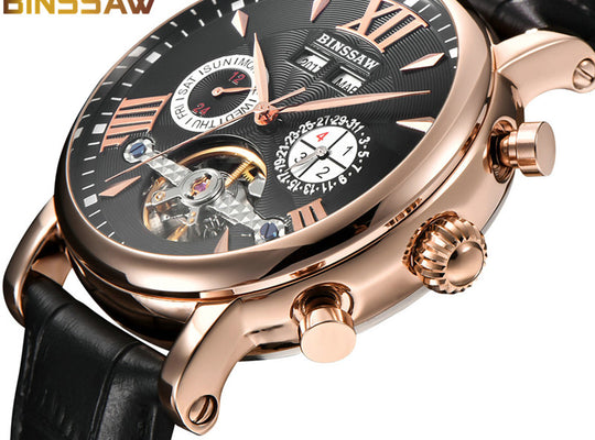 BINSSAW Men Watch Luxury Brand Automatic Mechanical Fashion Tourbillon Sport Leather Man Calendar Week Watches relogio masculino